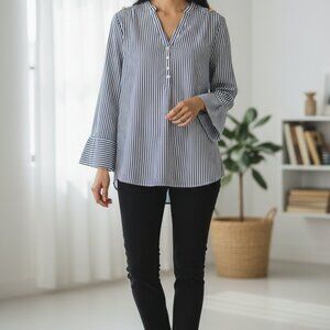 Zara Basic Womens Striped Long Sleeve Blouse With V-Neck & Gold Stud Accents Siz